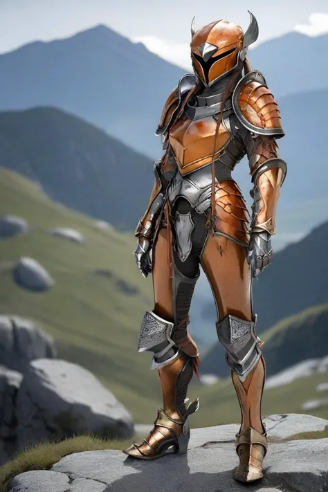 hxarmour,1 woman,(orange armour:1.1),mountain,walking,<lora:HXarmour_006XL:0.7>,