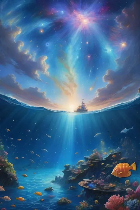 ((best quality)), ((masterpiece)), (detailed), oil painting, (nebula under the sea:1.3), (galactic:1.2), celestial, ocean, (incredibly detailed:1.1), (complex details:1.2), (Studio Ghibli influence:1.1), mosaic, (photorealistic:1.2), volumetric lighting, (ray tracing:1.1), well lit, (octane render:1.1), (Art Nouveau style:1.2)