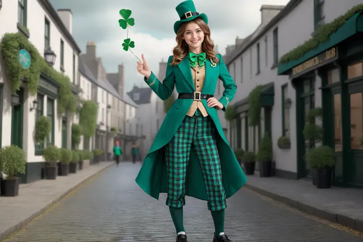 professional 3d model 1girl with a Saint Patrick old man,give a thumbs-up,solo,<lora:spc_XL:0.6>,spc,green suit,green plaid trousers,black belt,green hat,green bowtie,(upper_body:1.2),Ireland's Magic town,four-leaf clover design, . octane render, highly detailed, volumetric, dramatic lighting