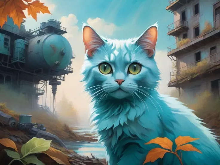 Classical oil painting, abandoned oil wreck (Soviet), abandoned grainy surrealism neo-sigma, defined colours in a grainy smoky tint, dream-like heavy cinematic surrealistic colors, cyborg like leaves painted building strange vegetation environment painting ancient leafl, dirty air, beautiful flowing aqua lightcloud filled sky and stunning cute fluffy morning blooomsday cat like Indian doctor portrait full head and middle part, blurred blurred people by Hiroshi Yoshida and Yukya Horash, she tyrannies by her MacPherson stylized oil texture 3 d effect trendingoodle pot of 2 0 K on Artstation hyper details on Instagram clean soft lighting product introduction pictures by senior concept artist jesper ejsing, by Hubble images, matte background with matte surface soft lighting, darkness neo nano hexane blue tones RGB, depth of field inspired by Alphonse mucha