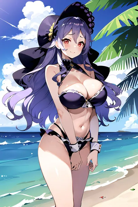 masterpiece, 1girl, pamela, red eyes, (swimsuit, bikini), sexy, swimwear, veil, purple hair, beach, ocean, sky, clouds