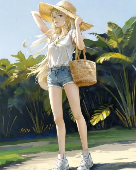 dal, (realistic:1.3), (intricate detail:1.2), 1girl, 1girl, black eyes, , White linen shirt, light blue high-waisted denim shorts, white sneakers, straw tote bag, layered gold necklaces,, , Topiary Garden,, [content expression, satisfied, pleased, gratified:0.7], dynamic pose, imperial blue theme,
