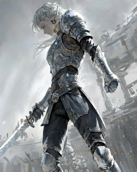 dal, (realistic:1.3), (intricate detail:1.2), solo, long hair, blue eyes, gloves, 1boy, holding, jewelry, standing, full body, weapon, grey hair, male focus, earrings, boots, pointy ears, black gloves, belt, sword, hand up, holding weapon, armor, hair over one eye, chain, holding sword, elf, shoulder armor, gauntlets, pauldrons, single pauldron,