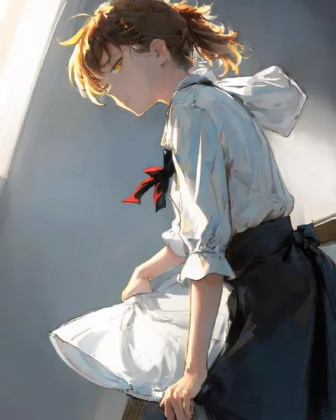 dal, (realistic:1.3), (intricate detail:1.2), 1boy, 1girl, apron, arms_at_sides, back_bow, bags_under_eyes, bangs, beads, black_outline, bow, brown_hair, buttons, chef_uniform, clenched_hands, closed_eyes, clothes_writing, collared_jacket, dot_nose, double-breasted, eyebrows_visible_through_hair, facing_viewer, father_and_daughter, floor, frilled_apron, frills, from_above, glass_door, hair_ornament, hands_up, happy, highres, indoors, jacket, jewelry, kamihama_university_affiliated_school_uniform, laughing, layered_sleeves, light_blush, long_sleeves, looking_at_another, looking_down, magia_record:_mahou_shoujo_madoka_magica_gaiden, mahou_shoujo_madoka_magica, messy_hair, open_mouth, orange_eyes, outline, parted_bangs, raised_eyebrow, red_sailor_collar, restaurant, ring, sabu_(kk_sub), sailor_collar, school_uniform, shirt, short_over_long_sleeves, short_sleeves, side_ponytail, sliding_doors, swept_bangs, table, tareme, tsuruno's_father_(magia_record), waist_bow, wall, white_apron, white_bow, white_jacket, white_shirt, wide-eyed, wooden_wall, yui_tsuruno, dynamic pose, egyptian blue theme,