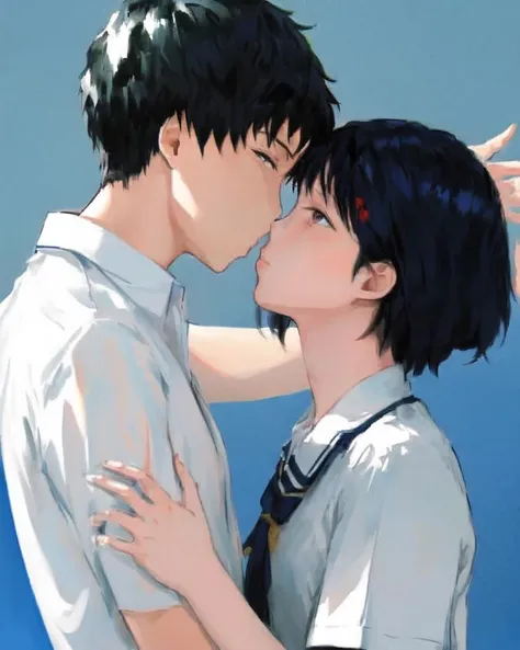 dal, (realistic:1.3), (intricate detail:1.2), 1boy, 1girl, bitou, blush, boku_no_hero_academia, imminent_kiss, jirou_kyouka, kaminari_denki, school_uniform, short_hair, u.a._school_uniform, dynamic pose, oil theme,