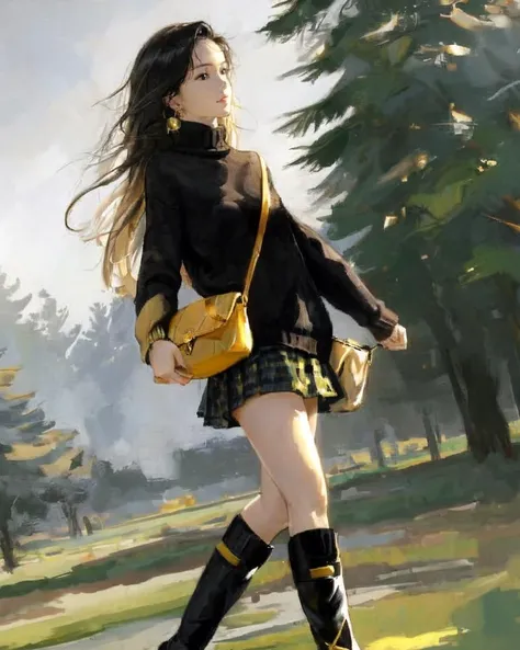 dal, (realistic:1.3), (intricate detail:1.2), 1girl, 1girl, black eyes, , Black turtleneck sweater, plaid midi skirt, knee-high boots, black crossbody bag, gold hoop earrings,, , vegetable garden,, [mischievous expression, impish, sly, playful:0.7],