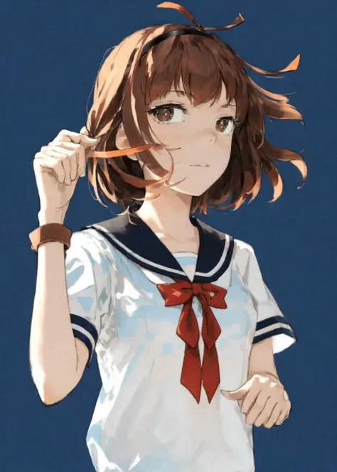 dal, (realistic:1.3), (intricate detail:1.2), 1girl, armband, bad_id, bad_pixiv_id, blue_sailor_collar, blue_skirt, brown_eyes, brown_hair, hair_ribbon, hairband, kita_high_school_uniform, orange_hairband, pluto_(joni-777), ribbon, sailor_collar, school_uniform, serafuku, short_hair, skirt, solo, suzumiya_haruhi, suzumiya_haruhi_no_yuuutsu, dynamic pose, silver chalice theme,