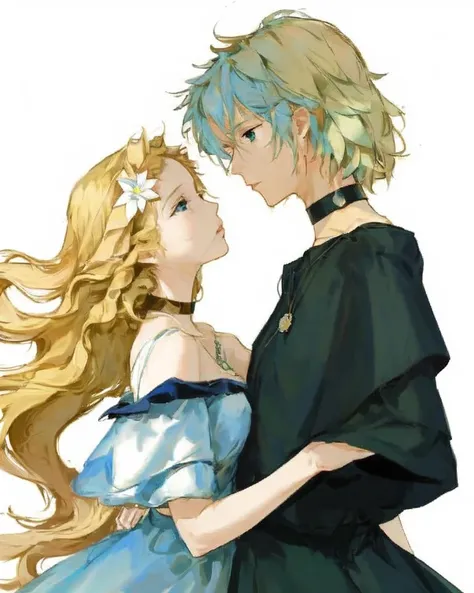 dal, (realistic:1.3), (intricate detail:1.2), +_+, 1boy, 1girl, akutsu_(yuumi), bangs, bare_shoulders, black_eyes, black_hair, blonde_hair, blue_eyes, blue_hair, choker, closed_eyes, closed_mouth, couple, curly_hair, dress, eyebrows_visible_through_hair, flower, flower_in_mouth, green_background, hair_between_eyes, head_wreath, hetero, jewelry, long_hair, looking_away, mouth_hold, necklace, nia_teppelin, off-shoulder_dress, off_shoulder, popped_collar, side-by-side, simon_(ttgl), simple_background, star_(symbol), tengen_toppa_gurren_lagann, upper_body, white_flower, dynamic pose, ocean theme,