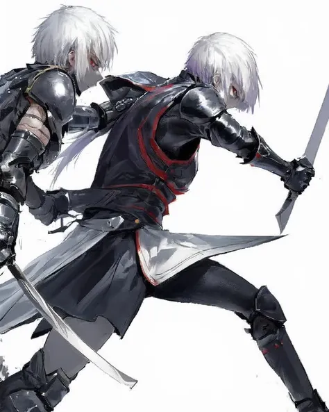 dal, (realistic:1.3), (intricate detail:1.2), .hack//, .hack//g.u., 4boys, albino, armor, bad_id, bad_pixiv_id, black_armor,, costume_chart, dagger, dual_wielding, elbow_gloves, facial_mark, gloves, haseo_(.hack//), highres, holding, holding_dagger, holding_scythe, holding_weapon, knife, male_focus, multiple_boys, multiple_persona, red_eyes, reverse_grip, scythe, serious, spiked_hair, sword, tachibana_amane_(amane01a), tattoo, weapon, white_background, white_hair,