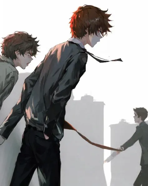 dal, , (intricate detail:1.2), 2boys, ahoge, back-to-back, black_jacket, brown_hair, danganronpa_(series), danganronpa_2:_goodbye_despair, dress_shirt, dutch_angle, floating_hair, green_eyes, green_necktie, hinata_hajime, jacket, kamukura_izuru, long_hair, looking_back, male_focus, multiple_boys, necktie, open_mouth, red_eyes, school_uniform, shirt, short_hair, simple_background, spiked_hair, spoilers, standing, upper_body, very_long_hair, white_background, white_shirt, z-epto_(chat-noir86), dynamic pose, zombie gray theme,