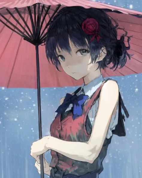 dal, , (intricate detail:1.2), @_@, alternate_costume, bow, fuyuno_(kiddyland), hair_bobbles, hair_bow, hair_ornament, heterochromia, highres, holding, holding_umbrella, hug, karakasa_obake, kurodani_yamame, overalls, tatara_kogasa, touhou, umbrella, vest,