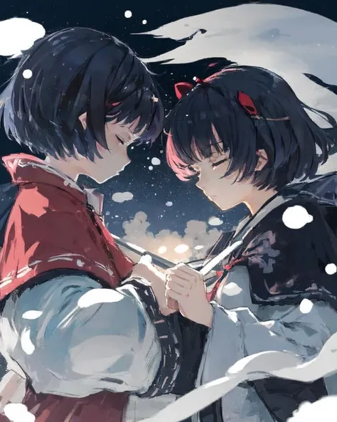dal, , (intricate detail:1.2), 2girls, black_border, border, bow, cape, circle_cut, closed_eyes, hair_ornament, highres, hisona_(suaritesumi), holding, long_sleeves, multiple_girls, ritual_baton, shirt, short_hair, sleeveless, sweatdrop, toramaru_shou, touhou, toyosatomimi_no_miko, wide_sleeves,