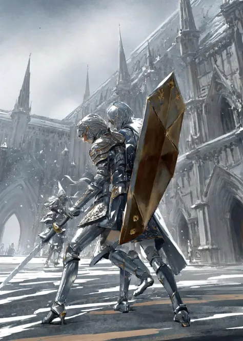 dal, (realistic:1.3), (intricate detail:1.2), 1girl, Knight, full plate armor with intricate designs, ornate sword with a jeweled hilt, wooden shield with family crest, noble horse with a polished saddle and reins, drawbridge to castle, Alien planet, strange flora, exotic fauna, harsh landscapes, advanced technology, __fantasy situation__, dynamic pose, pastel gray theme,