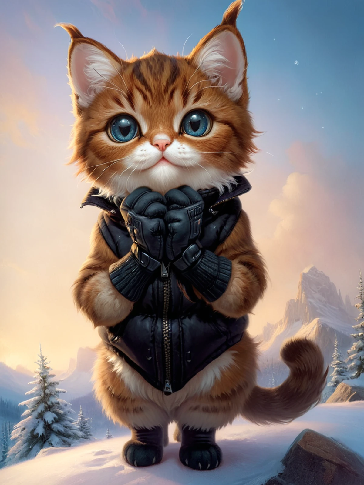 cutie-pie cat wearing mittens, contrapposto, strong polar filter, evening light, hyper realistic <lora:zhibi:0.75>, zhibi, zdyna_pose, foreshortening, from below, nicely detailed, portrait by john Wilhelm, <lora:!action-sdxl-V0.5:0.75> <lora:Gerald_Brom_XL_-_Dark_Fantasy_Art:1> art by Gerald Brom