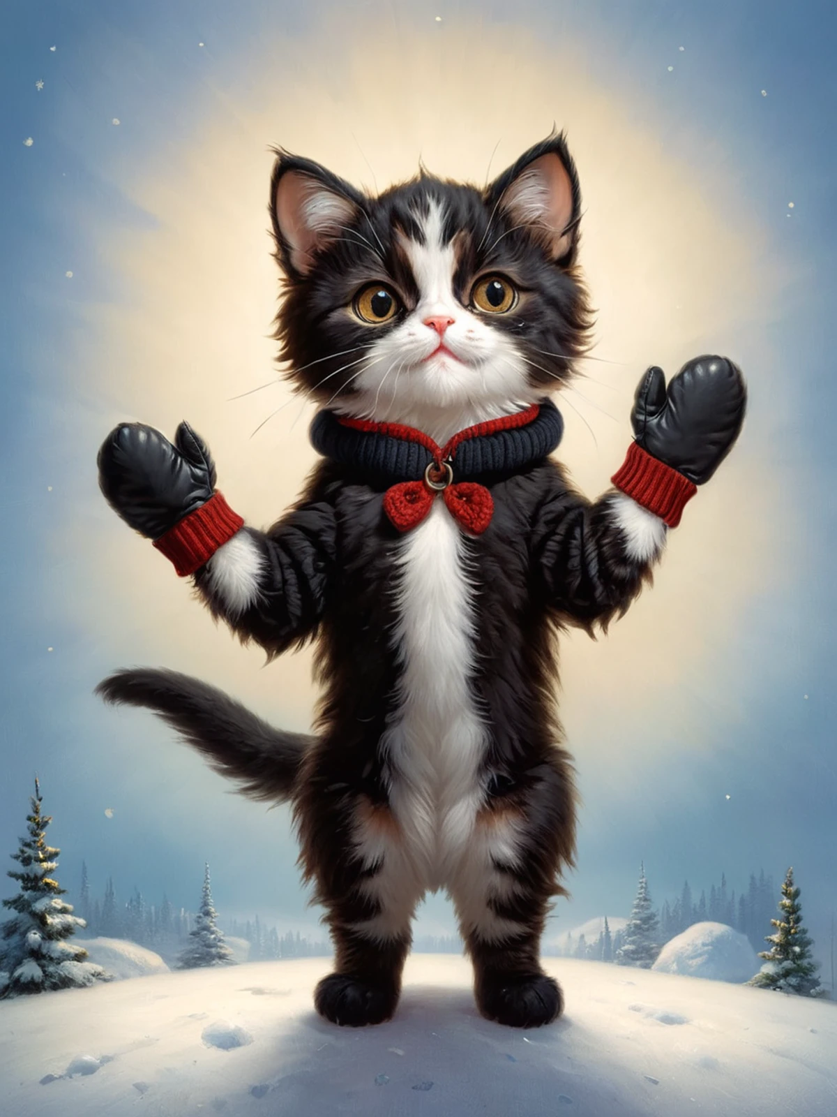 cutie-pie cat wearing mittens, contrapposto, strong polar filter, evening light, hyper realistic <lora:zhibi:0.75>, zhibi, zdyna_pose, foreshortening, from below, nicely detailed, portrait by john Wilhelm, <lora:!action-sdxl-V0.5:0.75> <lora:Gerald_Brom_XL_-_Dark_Fantasy_Art:1> art by Gerald Brom