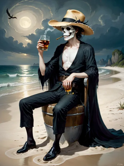 Dark Fantasy, death drinking whiskey on a beach, evening, (straw hat), (romantic:1.4), (depression | melancholy:1.15), anguish horizon, longing, contrapposto, dynamic pose,
<lora:Gerald_Brom_XL_-_Dark_Fantasy_Art:0.4> art by Gerald Brom, Dark Fantasy, <lora:d3qck artstyle:0.8> d3qck artstyle,