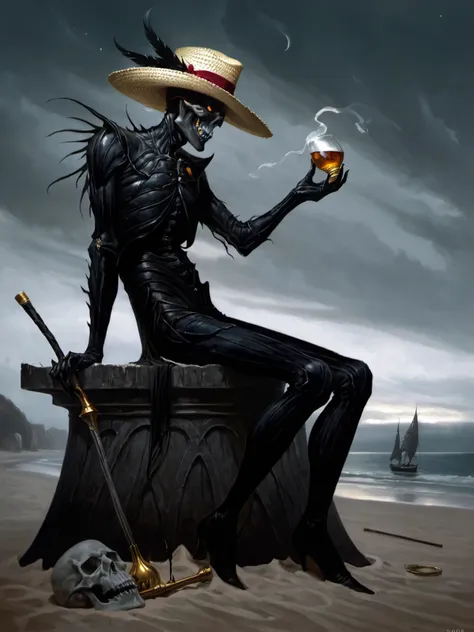 Dark Fantasy, death drinking whiskey on a beach, evening, (straw hat), (romantic:1.4), (depression | melancholy:1.15), anguish horizon, longing, contrapposto, dynamic pose, 
 <lora:Gerald_Brom_XL_-_Dark_Fantasy_Art:0.6> art by Gerald Brom, Dark Fantasy, <lora:d3qck artstyle:0.8> d3qck artstyle,