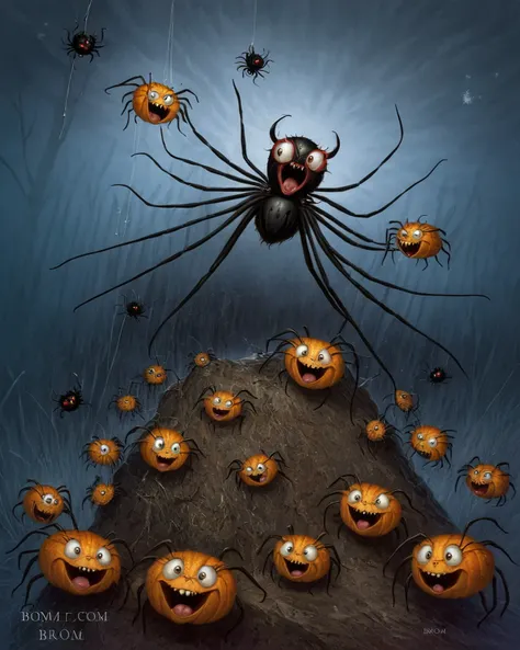 too many happy spiders, by john Wilhelm <lora:Gerald_Brom_XL_-_Dark_Fantasy_Art:1> art by Gerald Brom, Dark Fantasy