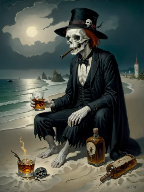 Dark Fantasy, death drinking whiskey on a beach, evening, beach hat, romantic, depression, melancholy, anguish, longing, <lora:Gerald_Brom_XL_-_Dark_Fantasy_Art:0.4> art by Gerald Brom, Dark Fantasy,<lora:Mark_Ryden:1>