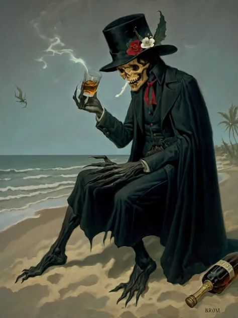 Dark Fantasy, death drinking whiskey on a beach, evening, beach hat, romantic, depression, melancholy, anguish, longing, <lora:Gerald_Brom_XL_-_Dark_Fantasy_Art:0.4> art by Gerald Brom, Dark Fantasy,<lora:Mark_Ryden:1>