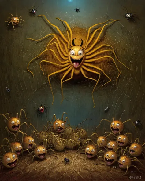 too many happy spiders, by john Wilhelm <lora:Gerald_Brom_XL_-_Dark_Fantasy_Art:1> art by Gerald Brom, Dark Fantasy