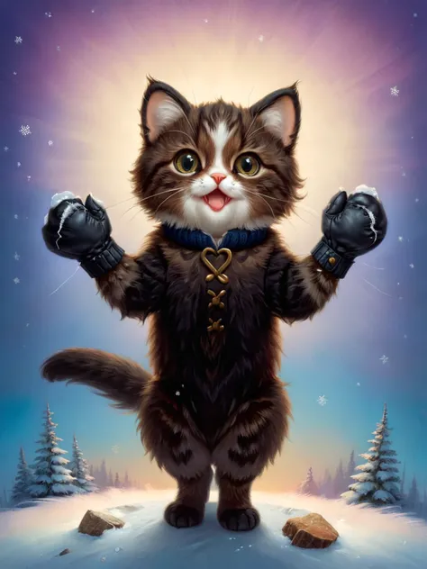 cutie-pie cat wearing mittens, contrapposto, strong polar filter, evening light, hyper realistic <lora:zhibi:0.75>, zhibi, zdyna_pose, foreshortening, from below, nicely detailed, portrait by john Wilhelm, <lora:!action-sdxl-V0.5:0.75> <lora:Gerald_Brom_XL_-_Dark_Fantasy_Art:1> art by Gerald Brom