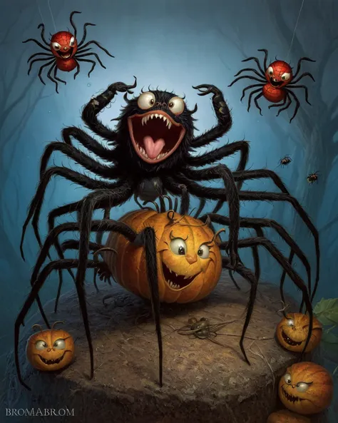 too many happy spiders, by john Wilhelm <lora:Gerald_Brom_XL_-_Dark_Fantasy_Art:1> art by Gerald Brom, Dark Fantasy