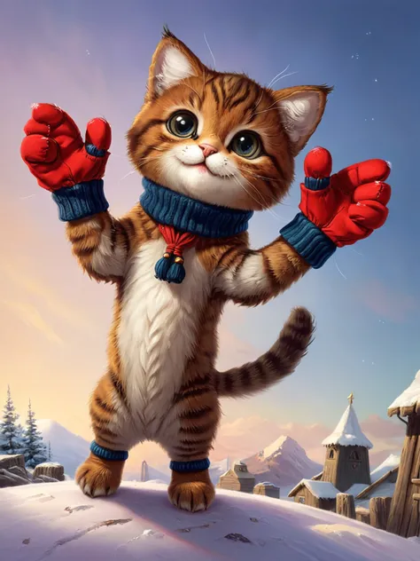 cutie-pie cat wearing mittens, contrapposto, strong polar filter, evening light, hyper realistic <lora:zhibi:0.75>, zhibi, zdyna_pose, foreshortening, from below, nicely detailed, portrait by john Wilhelm, <lora:!action-sdxl-V0.5:0.75> <lora:Gerald_Brom_XL_-_Dark_Fantasy_Art:1> art by Gerald Brom