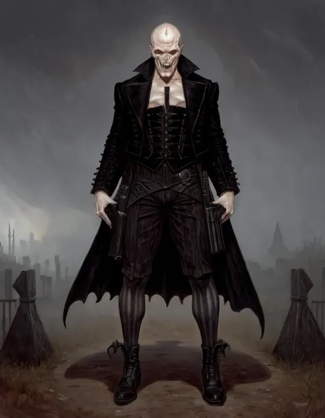 <lora:Gerald_Brom_XL_-_Dark_Fantasy_Art:1> In the style of (Gerald Brom:1.5), (dark fantasy style:1.5), (gothic horror:1.3)
(far shot, full body:1.3). A moaning, (perfect teeth:1.3) flirty gunslinger man wearing black corset and skirt, kneeling facing away from camera, at a glen. evening, misty.