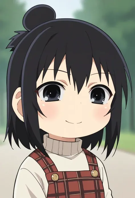 score_9, score_8_up, score_8, source_anime, 1girl, solo, chibi, <lora:HitohaMarui:0.9> black eyes, black hair, hair bun, turtleneck, plaid dress, white turtleneck, smile, 
simple background, blurry background,