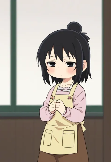 score_9, score_8_up, score_8, source_anime, 1girl, solo, chibi, <lora:HitohaMarui:0.9> , black eyes, black hair, hair bun, pink shirt, yellow apron, brown skirt, blush, blank expression, 
simple background, blurry background,