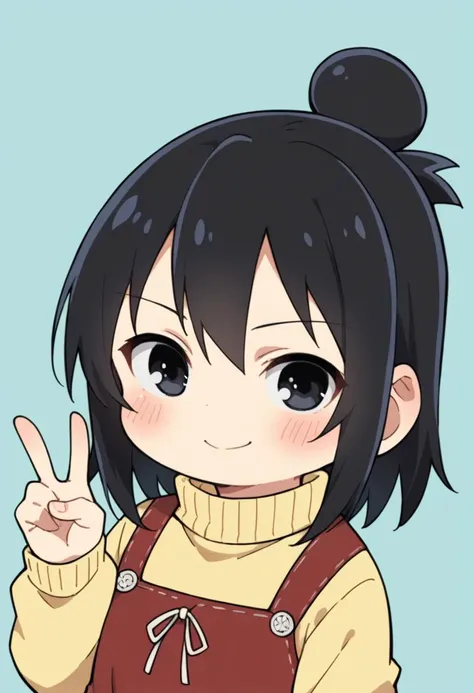 score_9, score_8_up, score_8, source_anime, 1girl, solo, chibi, <lora:HitohaMarui:0.7> , black eyes, black hair, hair bun, yellow sweater, turtleneck, (red dress), smile, blush, upper body focus, v sign, 
light blue background, simple background,