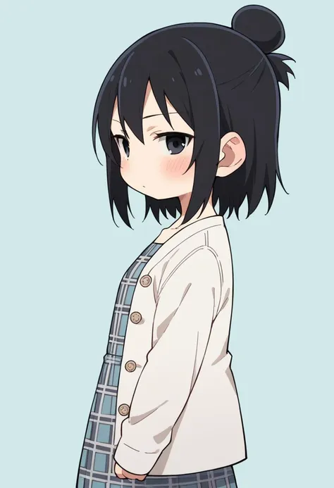 score_9, score_8_up, score_8, source_anime, 1girl, solo, chibi, <lora:HitohaMarui:0.7> , black eyes, black hair, hair bun, white coat, plaid dress, blush, side view, looking at viewer,
light blue background, simple background,