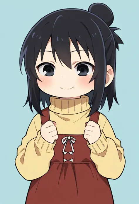 score_9, score_8_up, score_8, source_anime, 1girl, solo, chibi, <lora:HitohaMarui:0.7> , black eyes, black hair, hair bun, yellow sweater, turtleneck, red dress, smile, blush, upper body focus, 
light blue background, simple background,