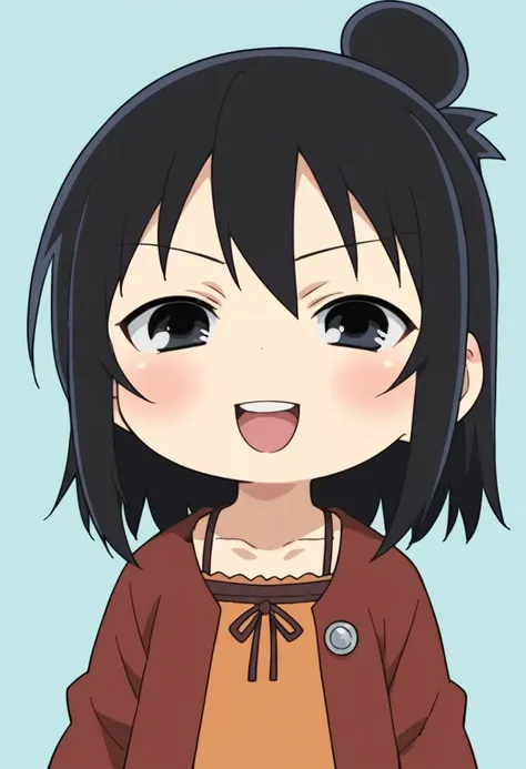 score_9, score_8_up, score_8, source_anime, 1girl, solo, chibi, <lora:HitohaMarui:0.9> , black eyes, black hair, hair bun, red coat, orange dress, laugh, blush, upper body focus,
light blue background, simple background,