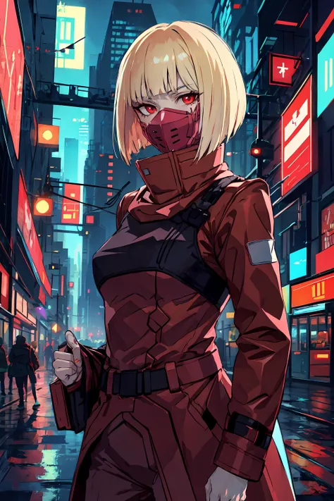 cpkiwi, highres, highest quallity, illustration, ultra detailed, (detailed face), (detailed eyes), soft lighting, best quality, hyper detailed, masterpiece, 1girl, solo, short hair, blonde hair, red eyes, mask, red coat, coat, red pants, belt, luminous eyes, medium breasts, (colorful), looking at viewer, upper body, outdoors, cyberpunk city, sky, clouds
<lora:KiwiV1:0.8>