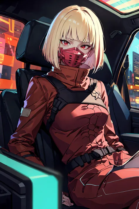 cpkiwi, highres, highest quallity, illustration,  ultra detailed, (detailed face), (detailed eyes), soft lighting, best quality, hyper detailed, masterpiece, 1girl, solo, short hair, blonde hair, red eyes, red coat, coat, red pants, belt, mask, luminous eyes, medium breasts, (colorful), looking at viewer, upper body, vehicle, inside vehicle, sitting
 <lora:KiwiV1:0.8>