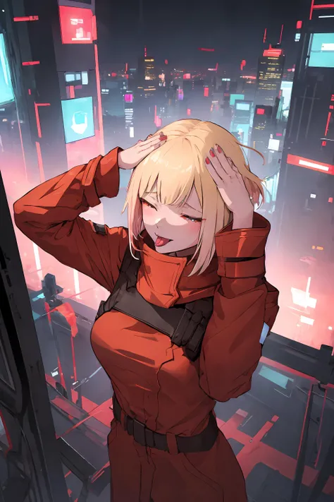 cpkiwi, highres, highest quallity, illustration, ultra detailed, (detailed face), (detailed eyes), soft lighting, best quality, hyper detailed, masterpiece, 1girl, solo, short hair, blonde hair, red eyes, red coat, coat, belt, red pants, luminous eyes, medium breasts, (colorful), looking at viewer, outdoors, cyberpunk, city background, top of skyscraper, ahetobleh, from above, hands on own head, closed eyes, tongue out
<lora:KiwiV1:0.8> <lyco:ahetobleh:0.8>