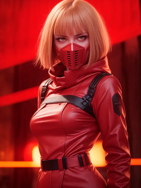 masterpiece, best quality, glamour close-up shot from below of cpkiwi in (dynamic pose) in cyberpunk style, (cyberpunk), (sci-fi:1.4), (cybernetics), short hair, (red eyes:1.4), (red mask, red coat, red pants), luminous eyes, small breasts, looking at viewer, blonde hair, <lora:KiwiV1:0.7>, (rgb), (electronics), (dark photo:1.5), photorealistic, face focus, cinematic lighting, (red light:1.4), (dramatic shadows:1.2), glowing eyes, glowing eyes meme, <lora:GlowingRedEyeMeme:0.6>,