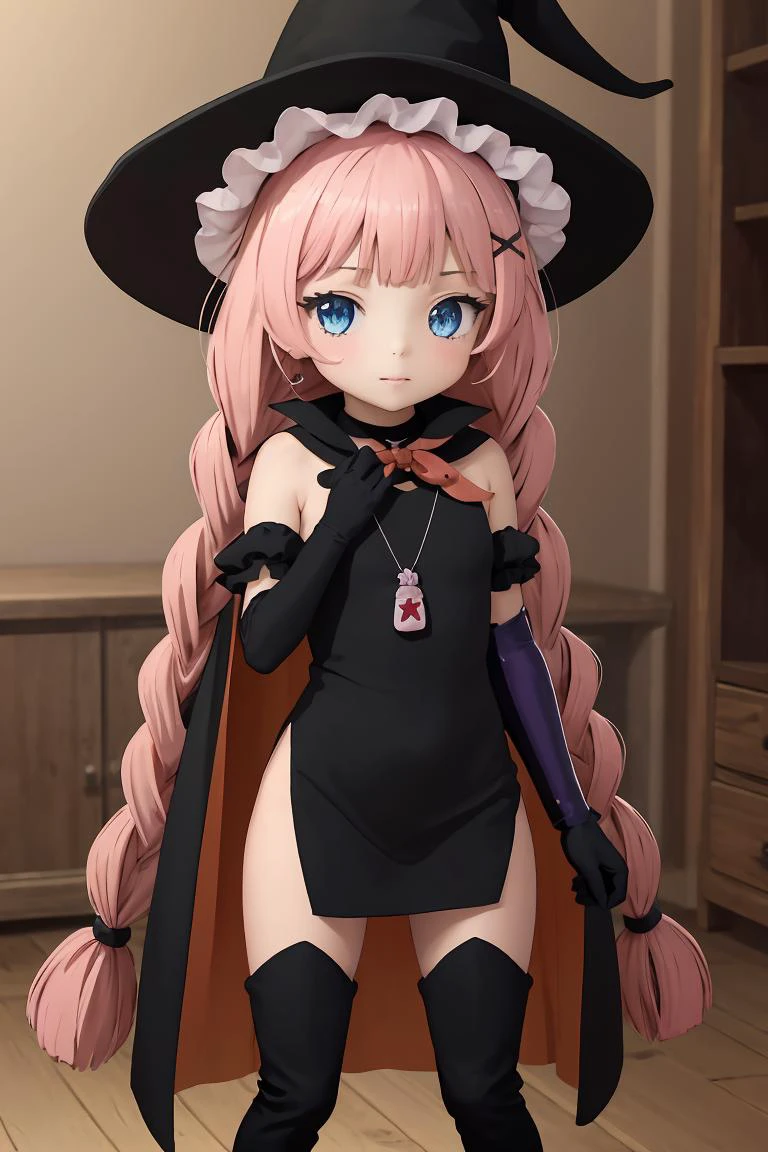 (masterpiece, best quality), 1girl, <lora:topspeed-nvwls-v1:1> topspd, twin braids, witch hat, necklace, black dress, black cape, bow, elbow gloves, thigh boots