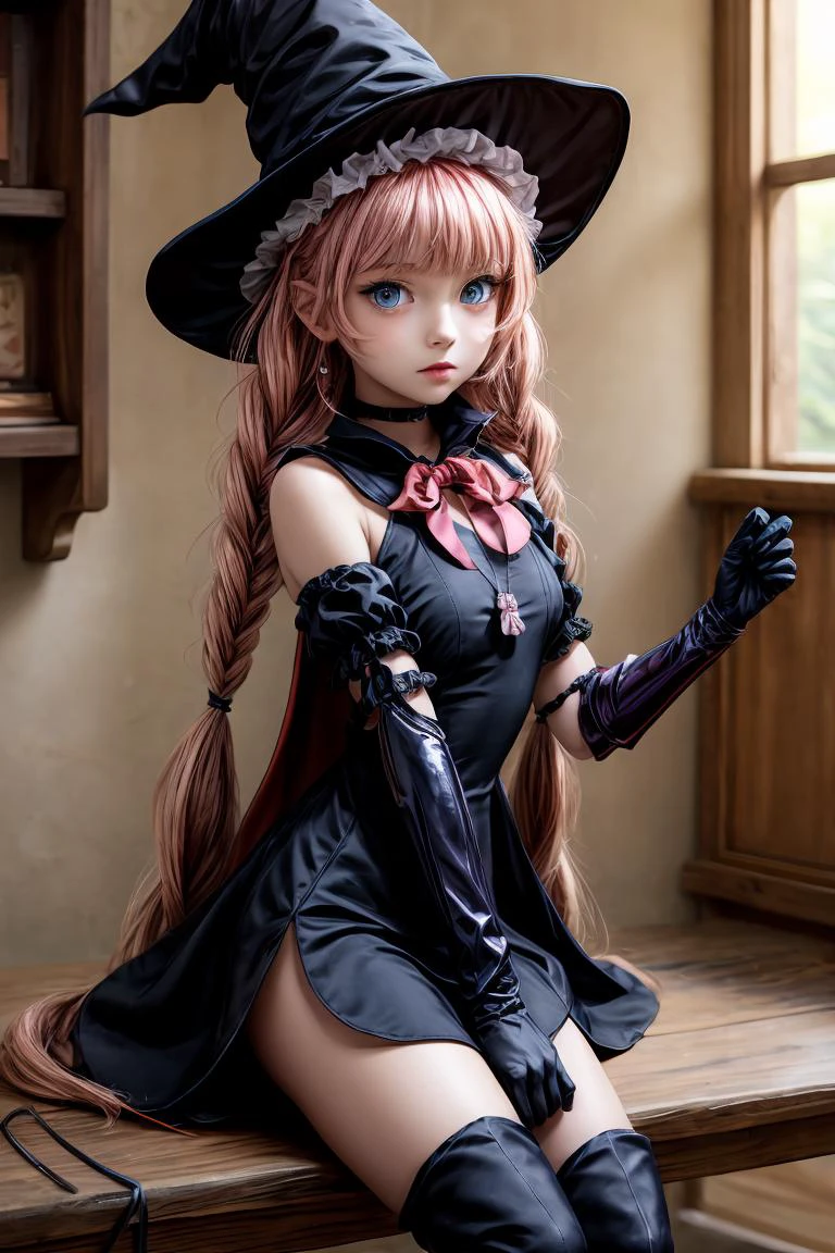 (masterpiece, best quality), 1girl, <lora:topspeed-nvwls-v1:1> topspd, twin braids, witch hat, necklace, black dress, black cape, bow, elbow gloves, thigh boots