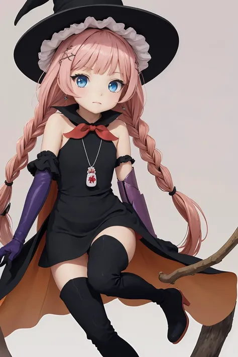 (masterpiece, best quality), 1girl,  <lora:topspeed-nvwls-v1:1> topspd, twin braids, witch hat, necklace, black dress, black cape, bow, elbow gloves, thigh boots