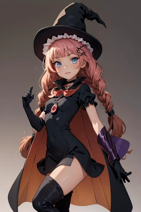 (masterpiece, best quality), 1girl,  <lora:topspeed-nvwls-v1:1> topspd, twin braids, witch hat, necklace, black dress, black cape, bow, elbow gloves, thigh boots