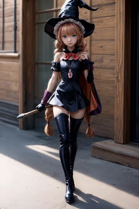 (masterpiece, best quality), 1girl,  <lora:topspeed-nvwls-v1:1> topspd, twin braids, witch hat, necklace, black dress, black cape, bow, elbow gloves, thigh boots