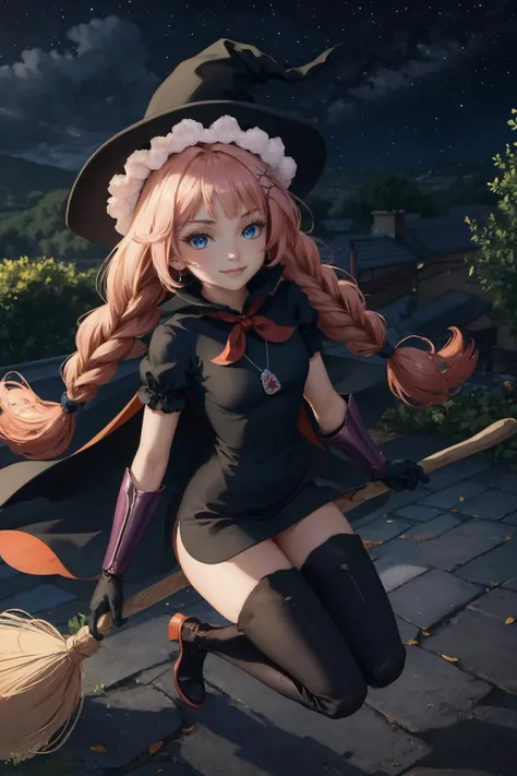 Pink hair, red eyes, thin brown witch clothes, no underwear, witch hat, pink scarf, brown boots, knee socks, short black miniskirt