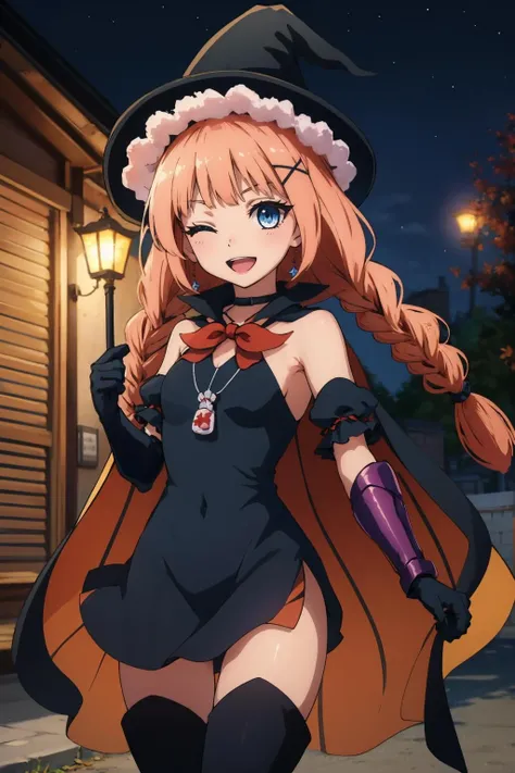 masterpiece, best quality, <lora:topspeed-nvwls-v1-000009:1> topspd, twin braids, witch hat, necklace, black dress, black cape, bow, elbow gloves, thigh boots, cowboy shot, smile, wink, one eye closed, :D, night, autumn