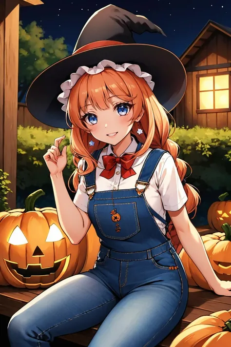 masterpiece, best quality, <lora:topspeed-nvwls-v1-000009:0.8> topspd, twin braids, witch hat, necklace, overalls, jeans, white shirt, farm, jack-o'-lantern, smile, night, halloween