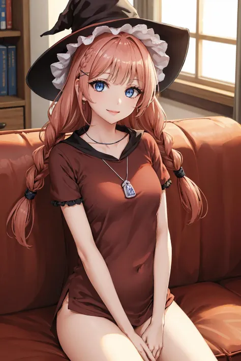 masterpiece, best quality,  <lora:topspeed-nvwls-v1-000009:0.8> topspd, twin braids, witch hat, necklace, red t-shirt, bottomless, couch, sitting, looking at viewer, smile