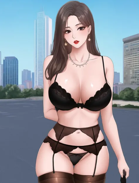 1girls, ((standing)), sexy, elegant,teasing lips,long hair,curvy,large breasts,smooth skin,red lips ,puffy lips ,eyelashes,jewelry, neck jewelry, covered nipples, navel,(((bra,panties,black thighhighs, garter belt)),earrings,necklace,outdoor,poolside,building,tower cityscape,detail background, wide shot,(cowboy shot:1.5), looking at viewer , <lora:Han Nari:0.6>