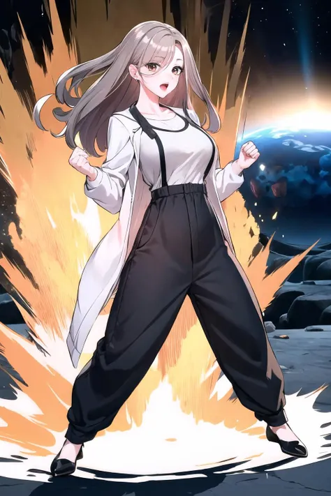 <lora:Han Nari:0.6> fw.nari, standing, looking at viewer, <lora:DBKiCharge:0.7> ki charge, clenched hands, full body, fighting stance, open mouth, yellow aura